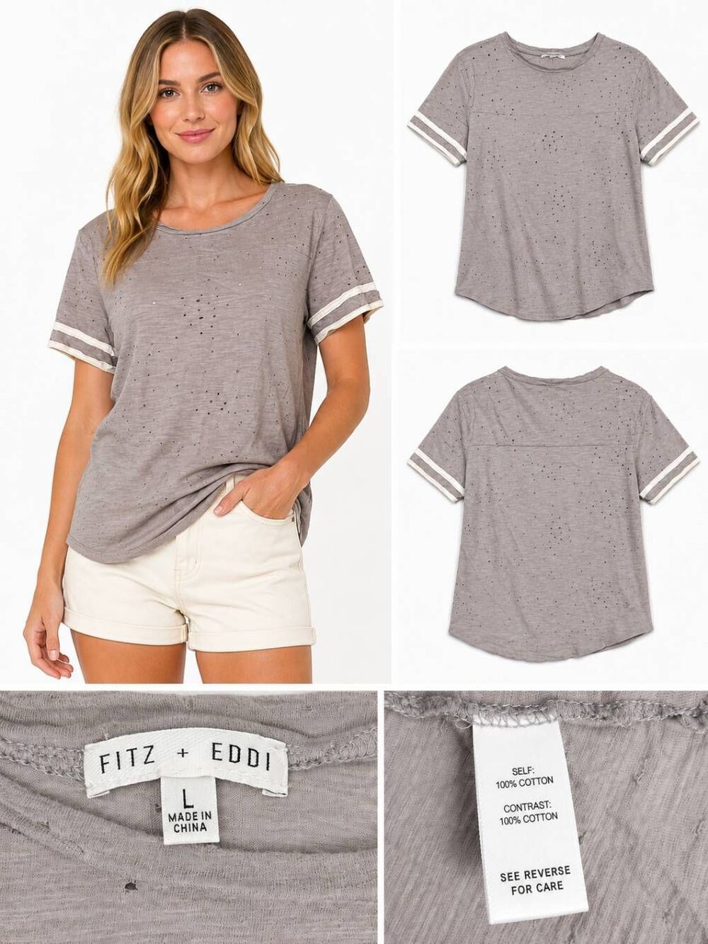 Fitz + Eddi Size L Gray Distressed Varsity Stripe Tee